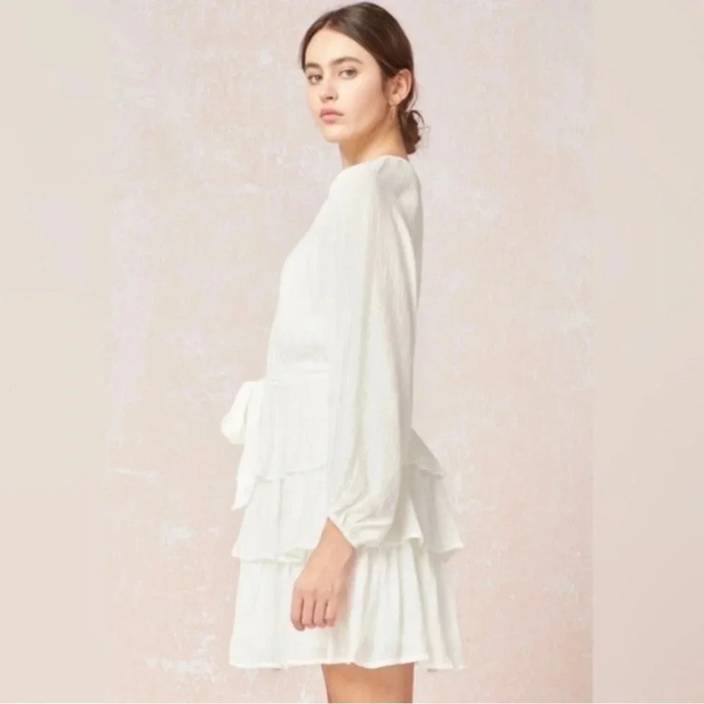 Entro | Elizabeth Tiered Puff Bubble Sleeve Dress White Layered Bohemian Small - Picture 5 of 12